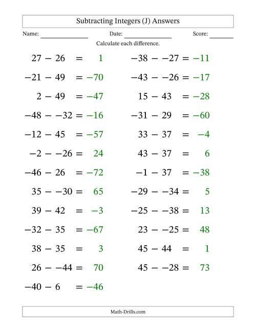The Subtracting Mixed Integers from -50 to 50 (25 Questions; Large Print; No Parentheses) (J) Math Worksheet Page 2