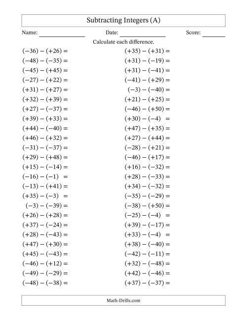 The Subtracting Mixed Integers from -50 to 50 (50 Questions; All Parentheses) (A) Math Worksheet