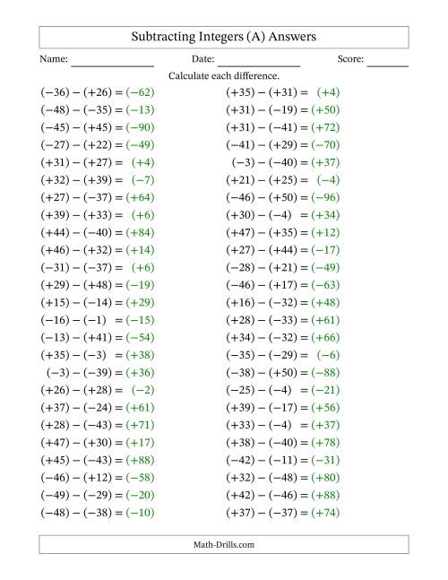 The Subtracting Mixed Integers from -50 to 50 (50 Questions; All Parentheses) (A) Math Worksheet Page 2