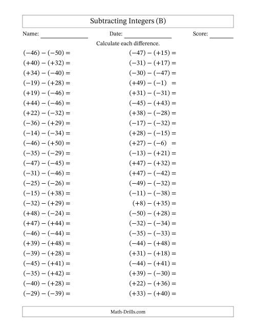 The Subtracting Mixed Integers from -50 to 50 (50 Questions; All Parentheses) (B) Math Worksheet