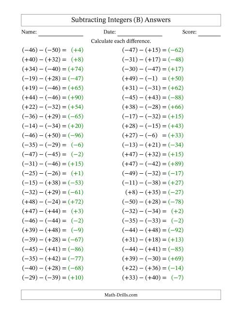 The Subtracting Mixed Integers from -50 to 50 (50 Questions; All Parentheses) (B) Math Worksheet Page 2
