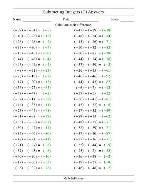 The Subtracting Mixed Integers from -50 to 50 (50 Questions; All Parentheses) (C) Math Worksheet Page 2