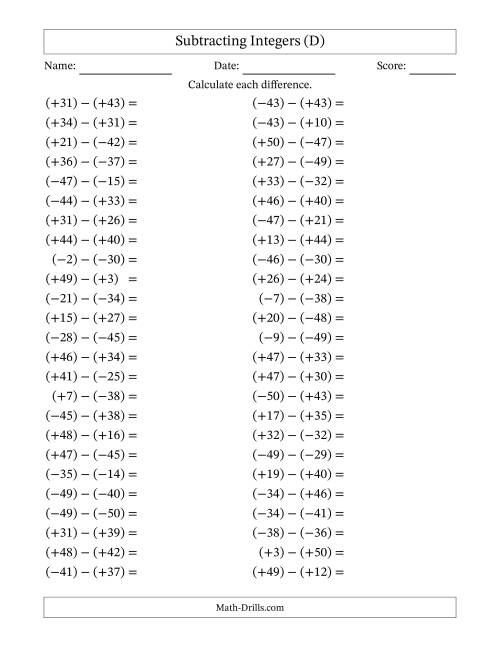 The Subtracting Mixed Integers from -50 to 50 (50 Questions; All Parentheses) (D) Math Worksheet