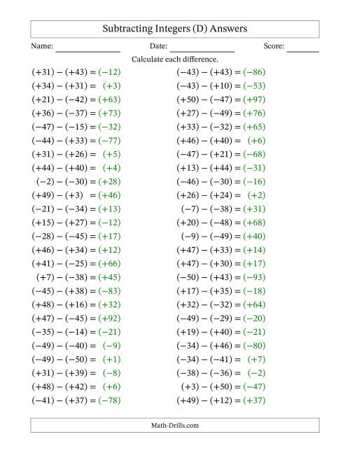 The Subtracting Mixed Integers from -50 to 50 (50 Questions; All Parentheses) (D) Math Worksheet Page 2