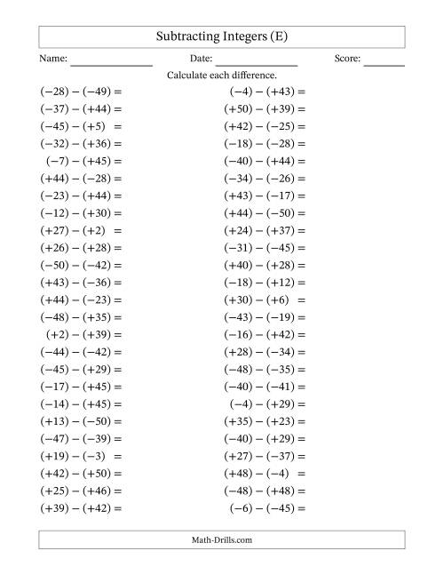 The Subtracting Mixed Integers from -50 to 50 (50 Questions; All Parentheses) (E) Math Worksheet