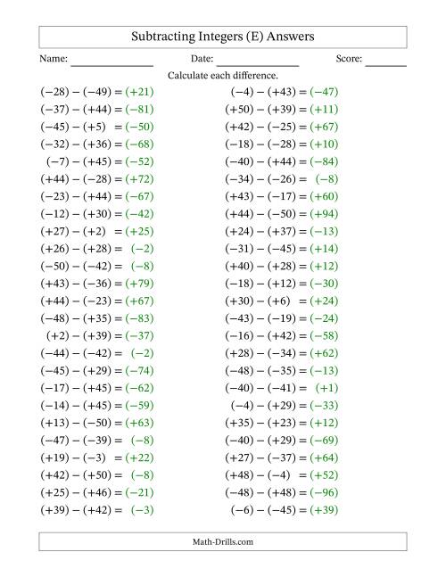 The Subtracting Mixed Integers from -50 to 50 (50 Questions; All Parentheses) (E) Math Worksheet Page 2
