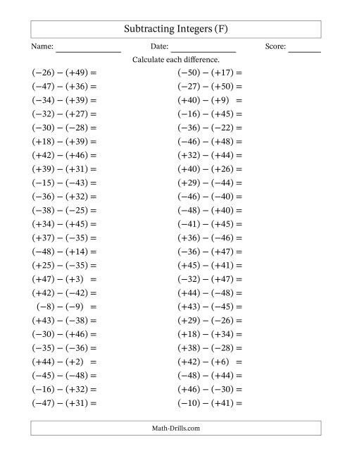 The Subtracting Mixed Integers from -50 to 50 (50 Questions; All Parentheses) (F) Math Worksheet