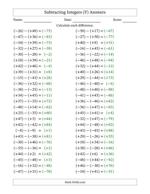 The Subtracting Mixed Integers from -50 to 50 (50 Questions; All Parentheses) (F) Math Worksheet Page 2