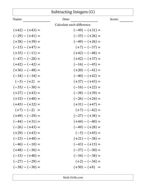 The Subtracting Mixed Integers from -50 to 50 (50 Questions; All Parentheses) (G) Math Worksheet
