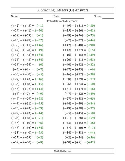 The Subtracting Mixed Integers from -50 to 50 (50 Questions; All Parentheses) (G) Math Worksheet Page 2