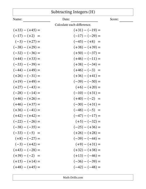 The Subtracting Mixed Integers from -50 to 50 (50 Questions; All Parentheses) (H) Math Worksheet