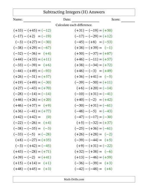 The Subtracting Mixed Integers from -50 to 50 (50 Questions; All Parentheses) (H) Math Worksheet Page 2