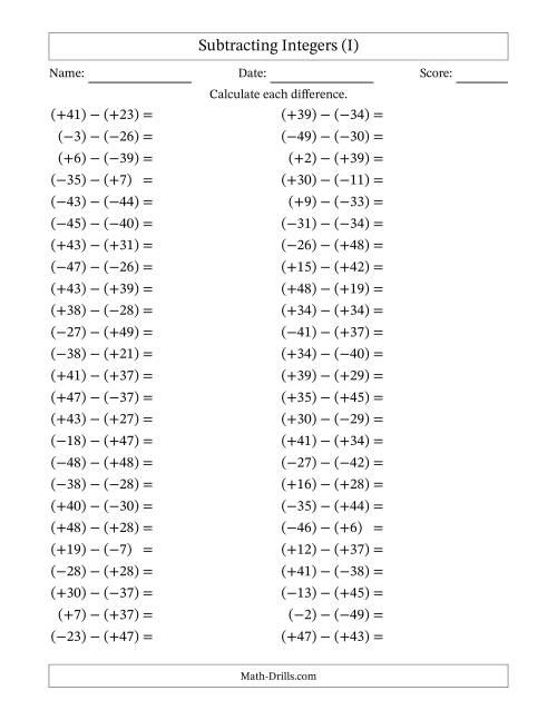 The Subtracting Mixed Integers from -50 to 50 (50 Questions; All Parentheses) (I) Math Worksheet