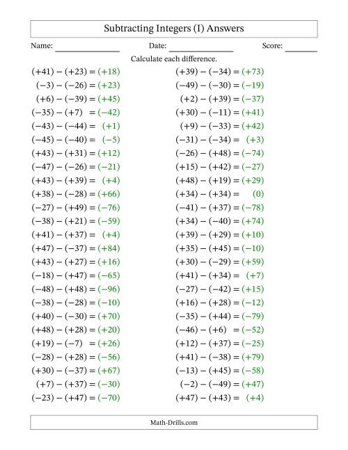 The Subtracting Mixed Integers from -50 to 50 (50 Questions; All Parentheses) (I) Math Worksheet Page 2
