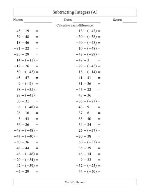 The Subtracting Mixed Integers from -50 to 50 (50 Questions) (A) Math Worksheet