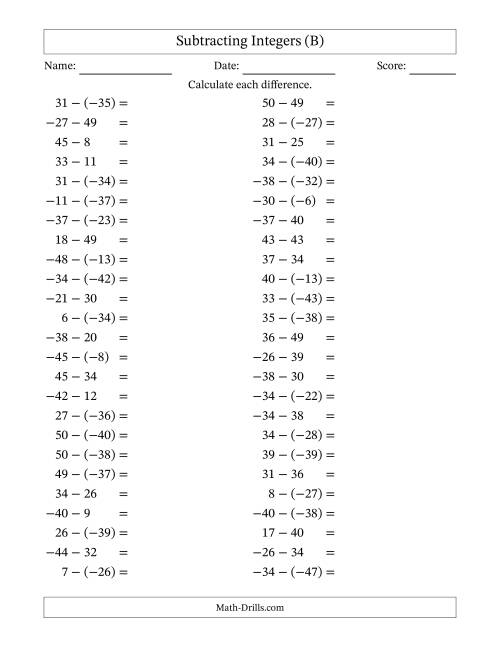 The Subtracting Mixed Integers from -50 to 50 (50 Questions) (B) Math Worksheet