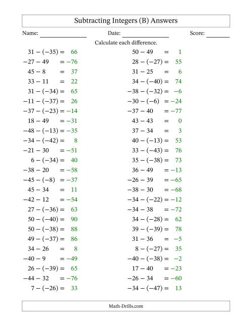 The Subtracting Mixed Integers from -50 to 50 (50 Questions) (B) Math Worksheet Page 2