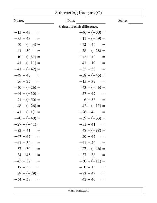 The Subtracting Mixed Integers from -50 to 50 (50 Questions) (C) Math Worksheet
