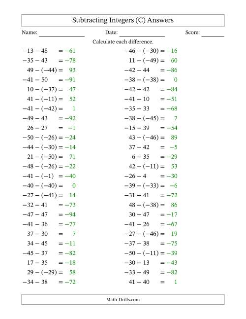 The Subtracting Mixed Integers from -50 to 50 (50 Questions) (C) Math Worksheet Page 2