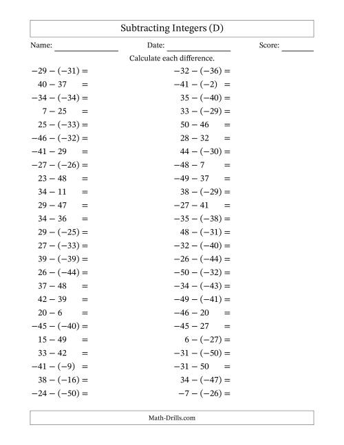 The Subtracting Mixed Integers from -50 to 50 (50 Questions) (D) Math Worksheet