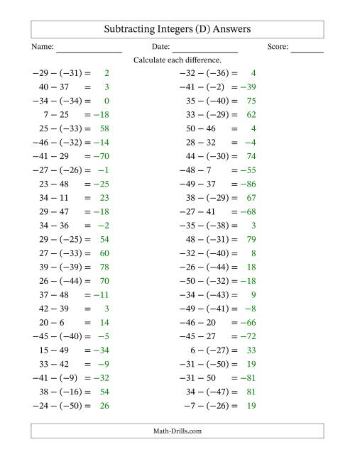 The Subtracting Mixed Integers from -50 to 50 (50 Questions) (D) Math Worksheet Page 2