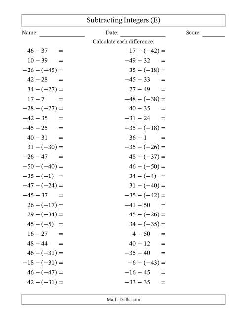 The Subtracting Mixed Integers from -50 to 50 (50 Questions) (E) Math Worksheet