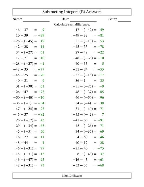 The Subtracting Mixed Integers from -50 to 50 (50 Questions) (E) Math Worksheet Page 2