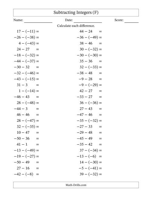 The Subtracting Mixed Integers from -50 to 50 (50 Questions) (F) Math Worksheet