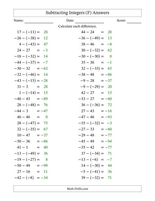 The Subtracting Mixed Integers from -50 to 50 (50 Questions) (F) Math Worksheet Page 2