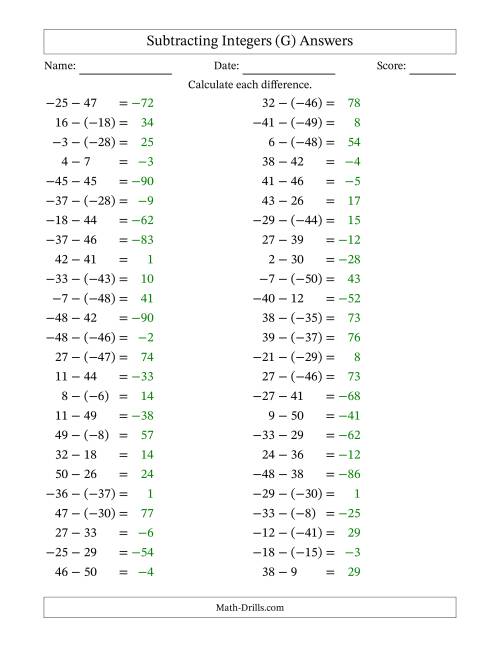 The Subtracting Mixed Integers from -50 to 50 (50 Questions) (G) Math Worksheet Page 2