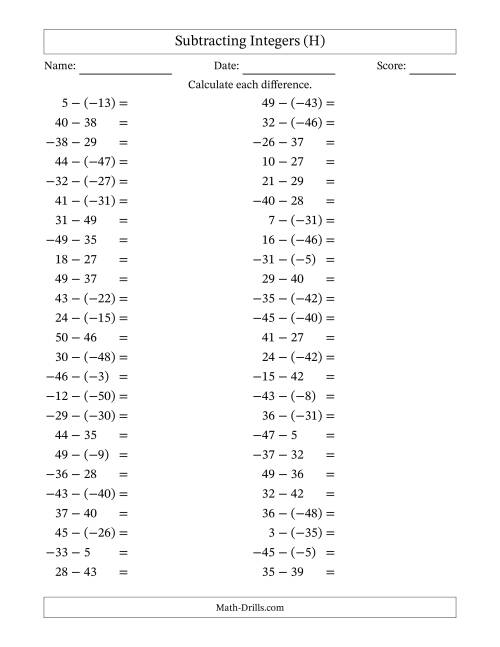 The Subtracting Mixed Integers from -50 to 50 (50 Questions) (H) Math Worksheet