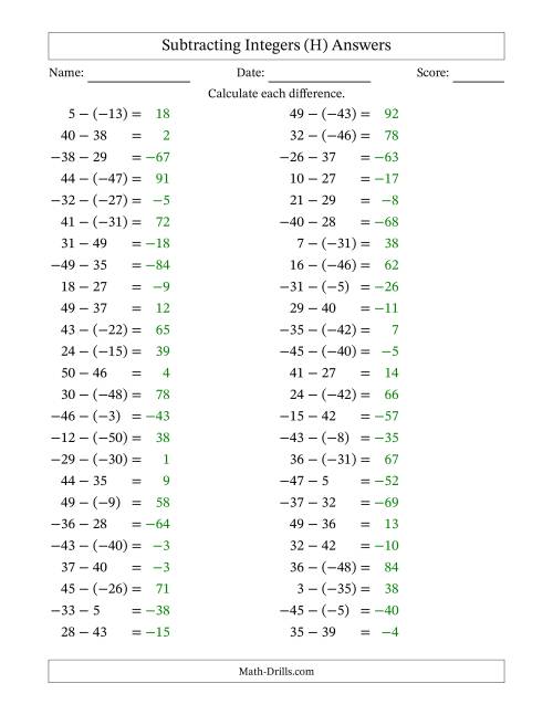 The Subtracting Mixed Integers from -50 to 50 (50 Questions) (H) Math Worksheet Page 2