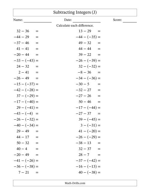 The Subtracting Mixed Integers from -50 to 50 (50 Questions) (J) Math Worksheet