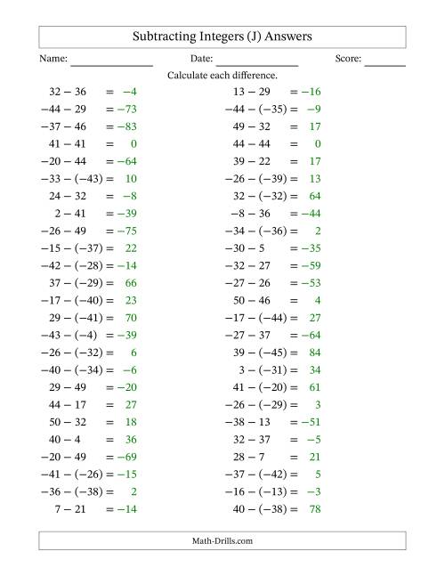 The Subtracting Mixed Integers from -50 to 50 (50 Questions) (J) Math Worksheet Page 2