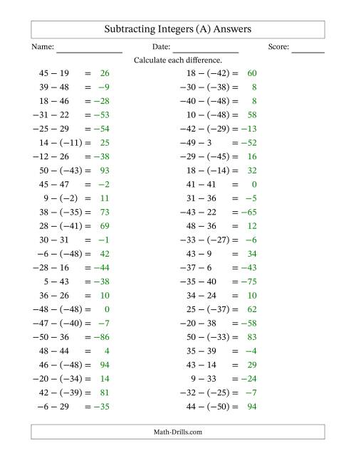 The Subtracting Mixed Integers from -50 to 50 (50 Questions) (All) Math Worksheet Page 2