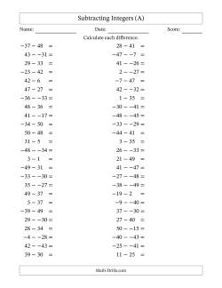 Subtracting Mixed Integers from -50 to 50 (50 Questions; No Parentheses)