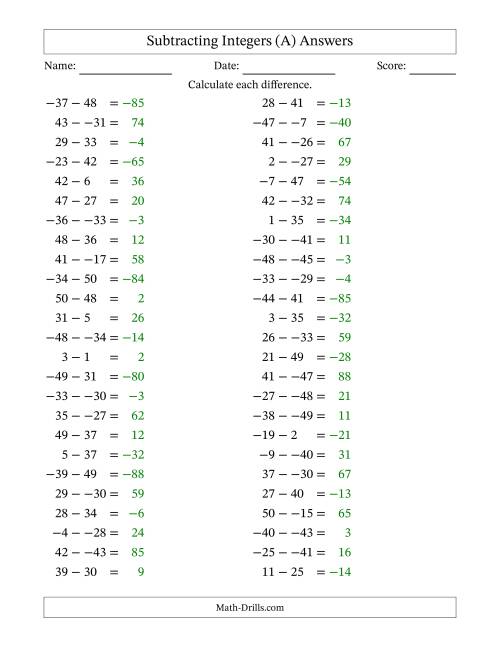 The Subtracting Mixed Integers from -50 to 50 (50 Questions; No Parentheses) (A) Math Worksheet Page 2