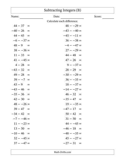 The Subtracting Mixed Integers from -50 to 50 (50 Questions; No Parentheses) (B) Math Worksheet