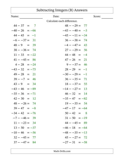 The Subtracting Mixed Integers from -50 to 50 (50 Questions; No Parentheses) (B) Math Worksheet Page 2