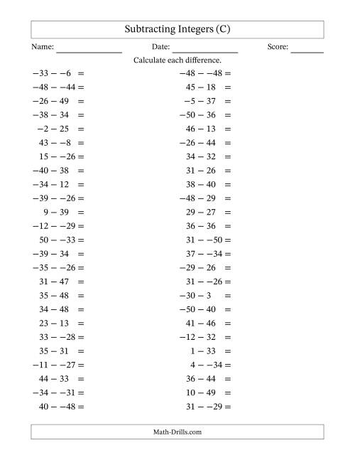 The Subtracting Mixed Integers from -50 to 50 (50 Questions; No Parentheses) (C) Math Worksheet