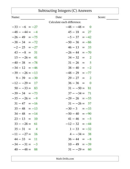 The Subtracting Mixed Integers from -50 to 50 (50 Questions; No Parentheses) (C) Math Worksheet Page 2