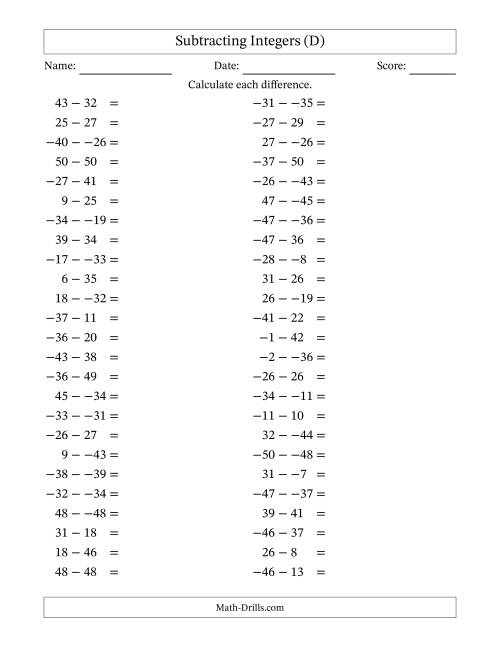The Subtracting Mixed Integers from -50 to 50 (50 Questions; No Parentheses) (D) Math Worksheet