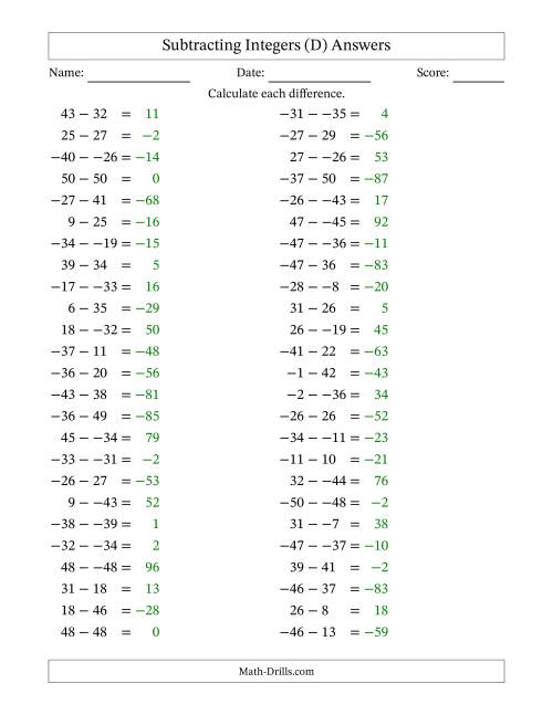 The Subtracting Mixed Integers from -50 to 50 (50 Questions; No Parentheses) (D) Math Worksheet Page 2