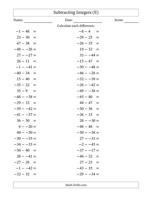 The Subtracting Mixed Integers from -50 to 50 (50 Questions; No Parentheses) (E) Math Worksheet