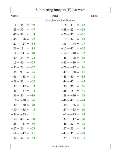 The Subtracting Mixed Integers from -50 to 50 (50 Questions; No Parentheses) (E) Math Worksheet Page 2