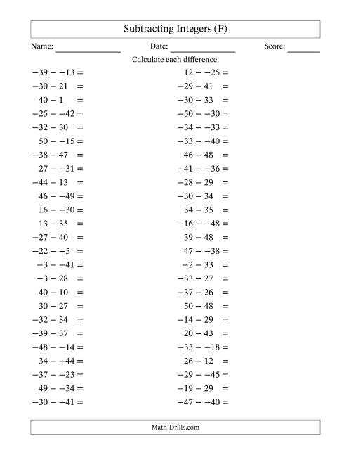 The Subtracting Mixed Integers from -50 to 50 (50 Questions; No Parentheses) (F) Math Worksheet