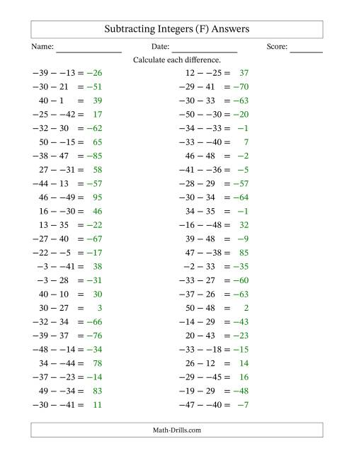 The Subtracting Mixed Integers from -50 to 50 (50 Questions; No Parentheses) (F) Math Worksheet Page 2