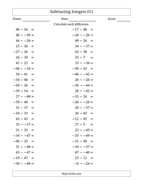 The Subtracting Mixed Integers from -50 to 50 (50 Questions; No Parentheses) (G) Math Worksheet