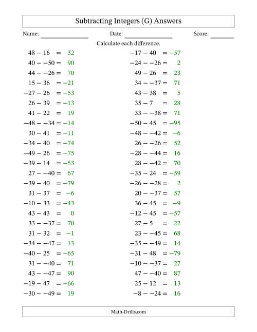 The Subtracting Mixed Integers from -50 to 50 (50 Questions; No Parentheses) (G) Math Worksheet Page 2