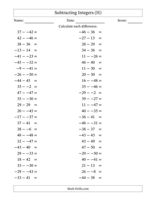 The Subtracting Mixed Integers from -50 to 50 (50 Questions; No Parentheses) (H) Math Worksheet